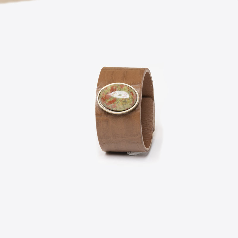 Bracelet  haut de gamme de fabrication française pour femme, cuir de buffle et pierre unakite